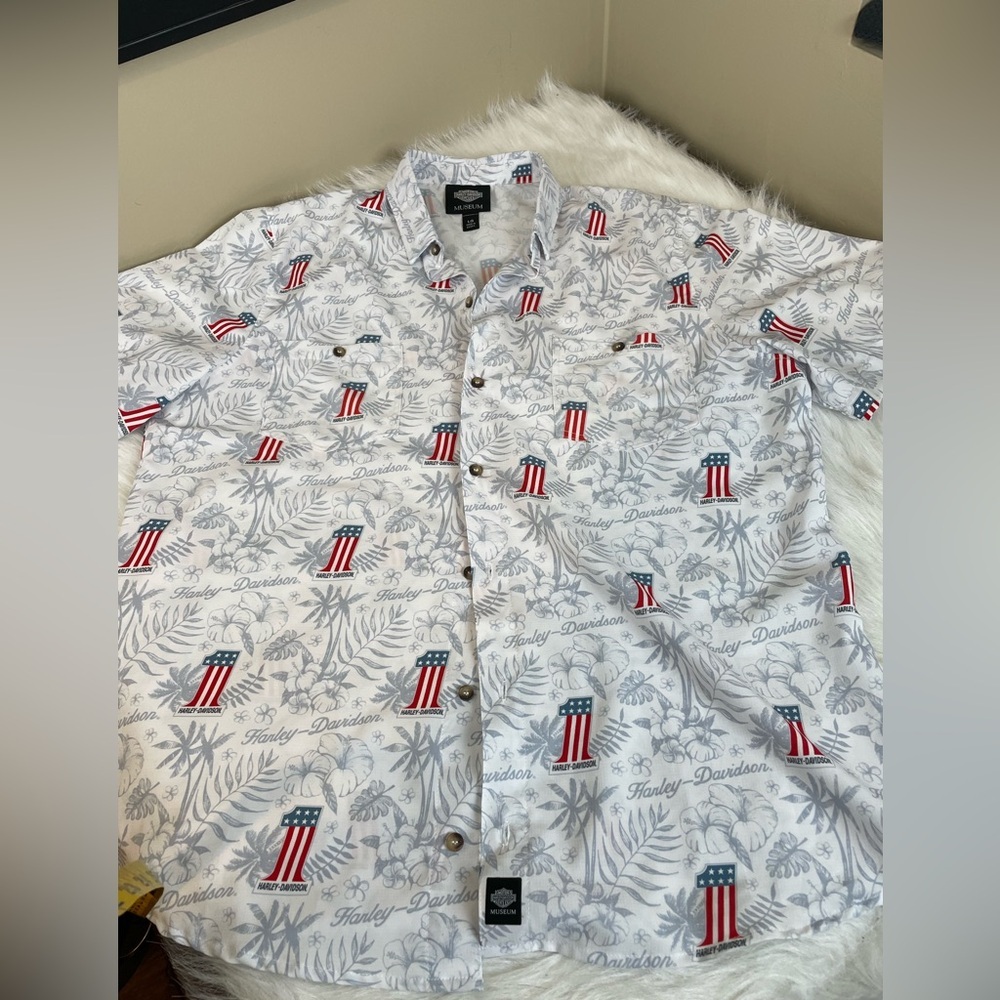 Harley-Davidson Men's White Short Sleeve Americana Hawaiian Shirt - Picture 7 of 12